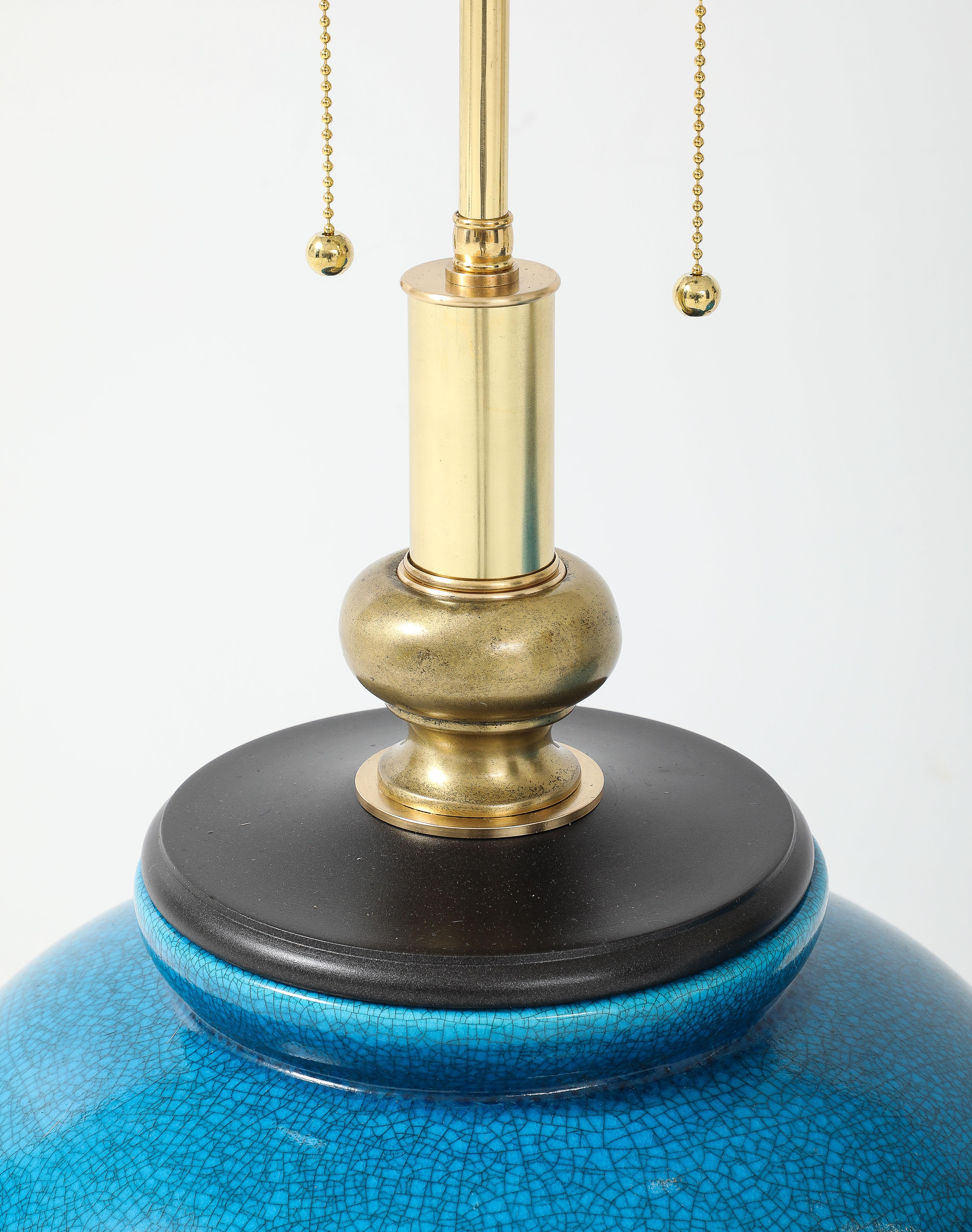 Brass Pair of Large Cerulean Blue Crackle Glazed Lamps by Frederick Cooper Lamp Co For Sale