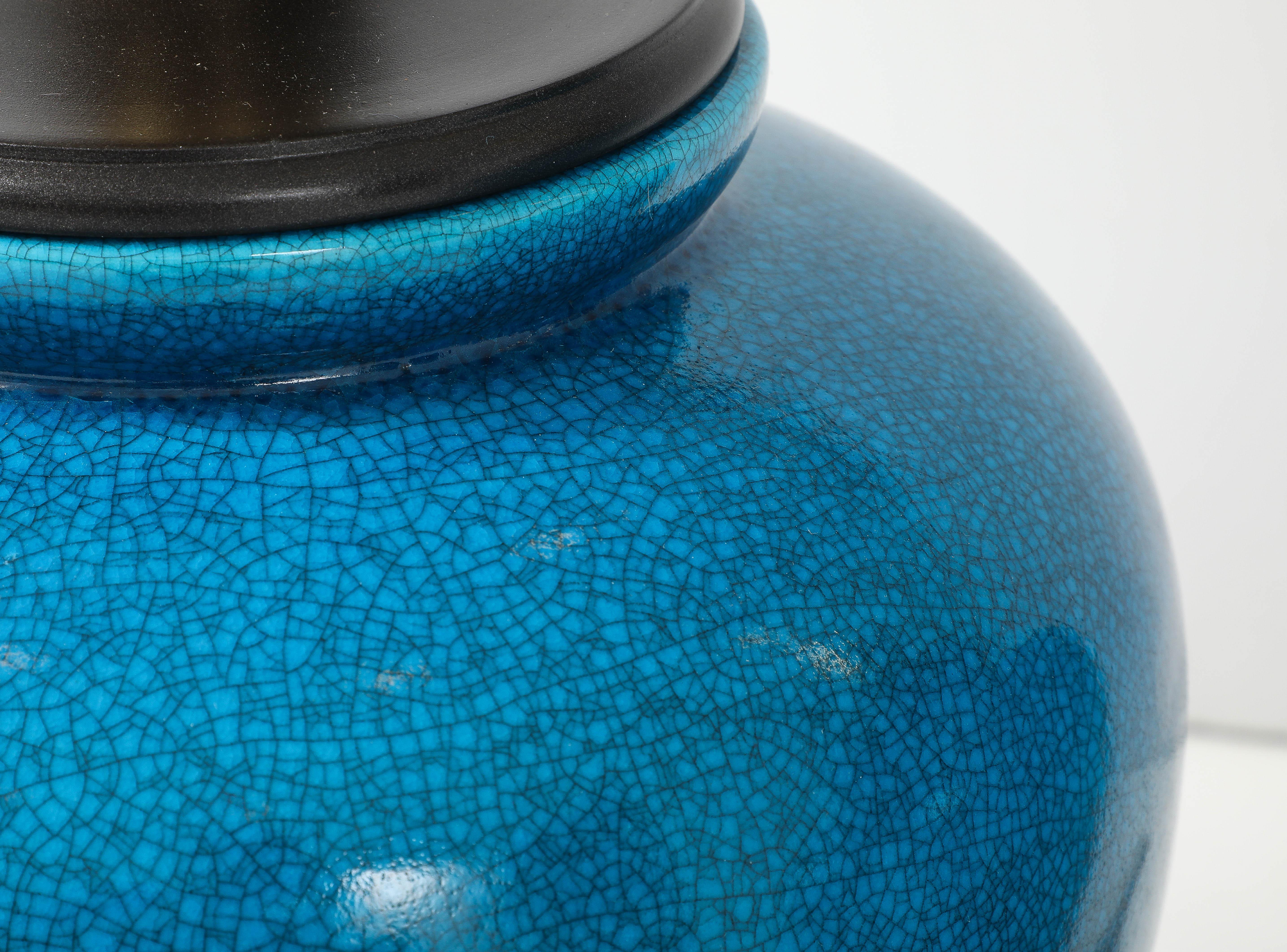 Pair of Large Cerulean Blue Crackle Glazed Lamps by Frederick Cooper Lamp Co For Sale 1