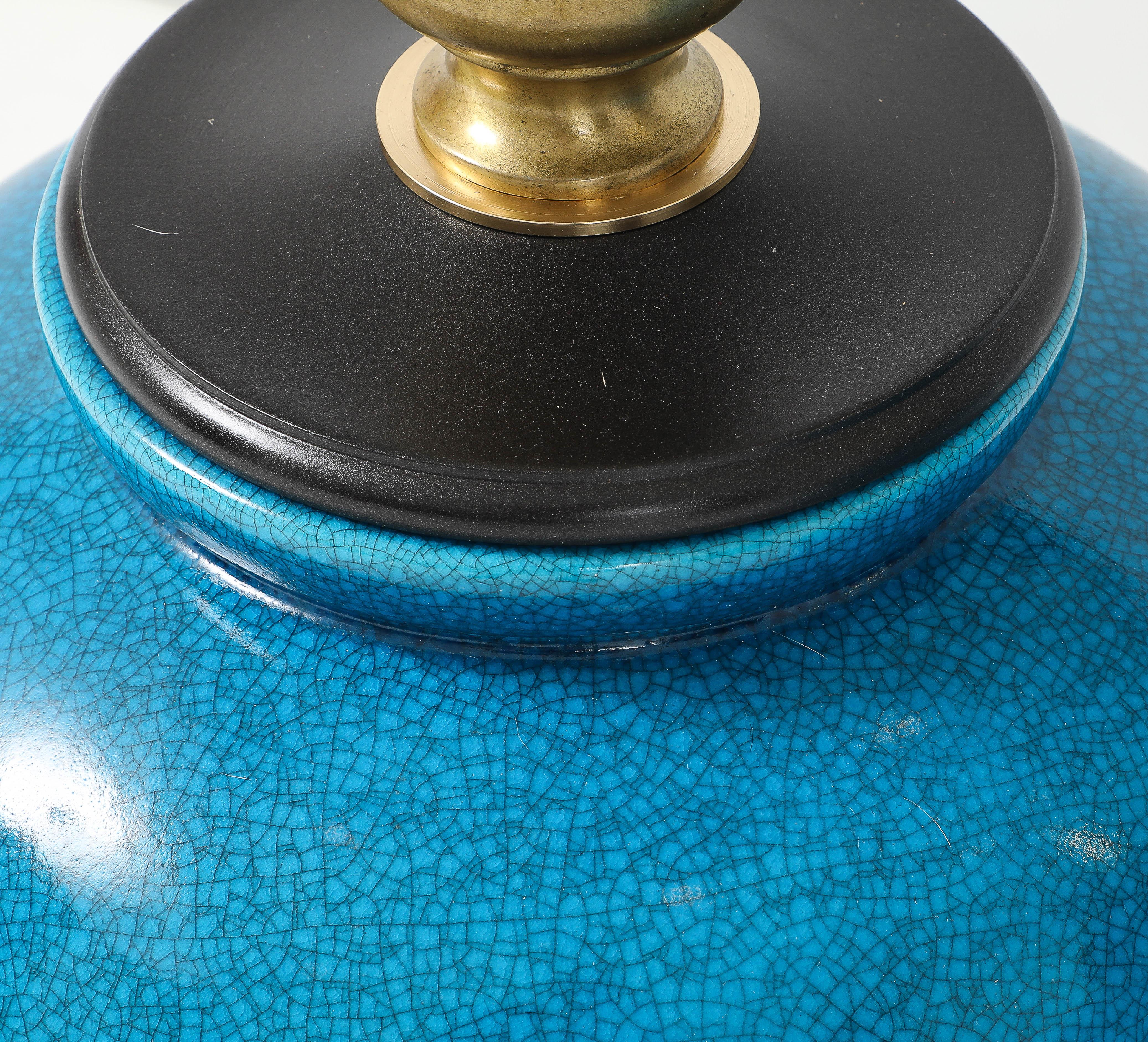 Pair of Large Cerulean Blue Crackle Glazed Lamps by Frederick Cooper Lamp Co For Sale 2