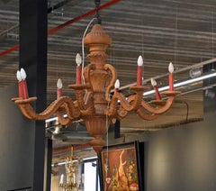 2 Large Chandeliers Carved Wood 8 Lights, 20th Century, circa 1930-1950