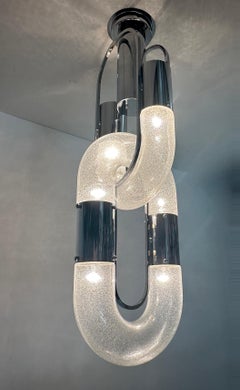 Pair of Large Chandeliers Murano Glass and Chrome, Nason for Mazzega, Italy 1970