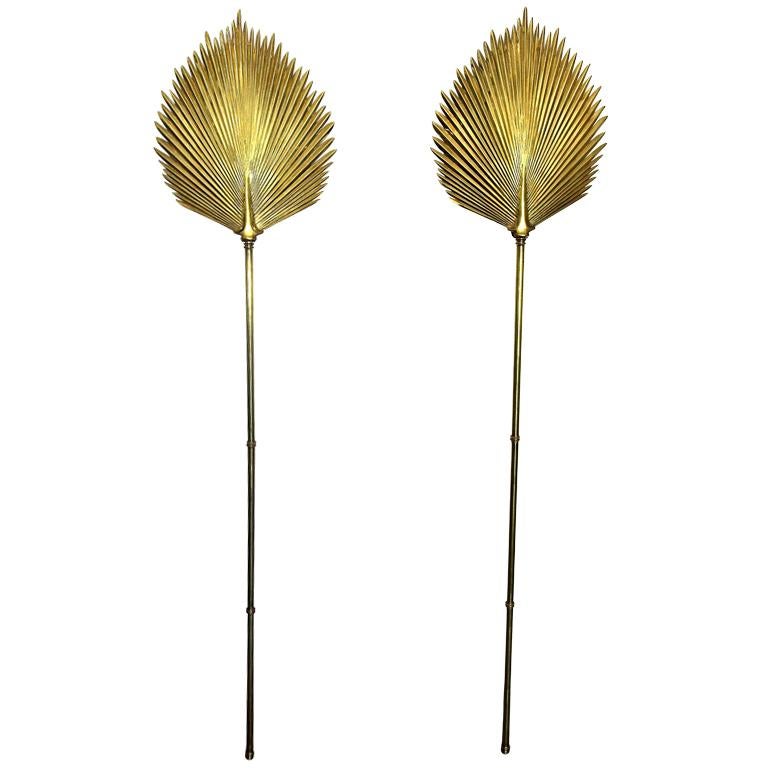Pair of Large Chapman Brass Palm Frond Leave Wall Sconces