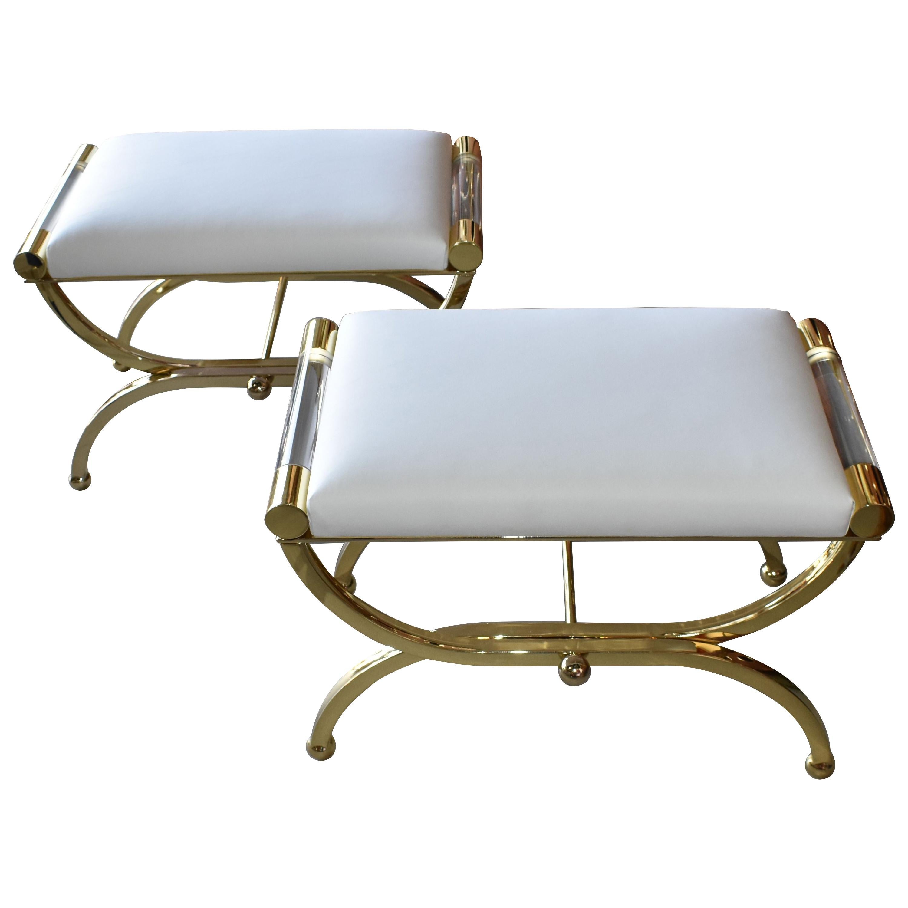 Pair of Large Charles Hollis Jones Brass Regency Benches, Signed For Sale