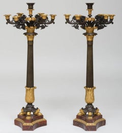 Pair of Large Charles X Ormolu and Patinated-Bronze Candelabras