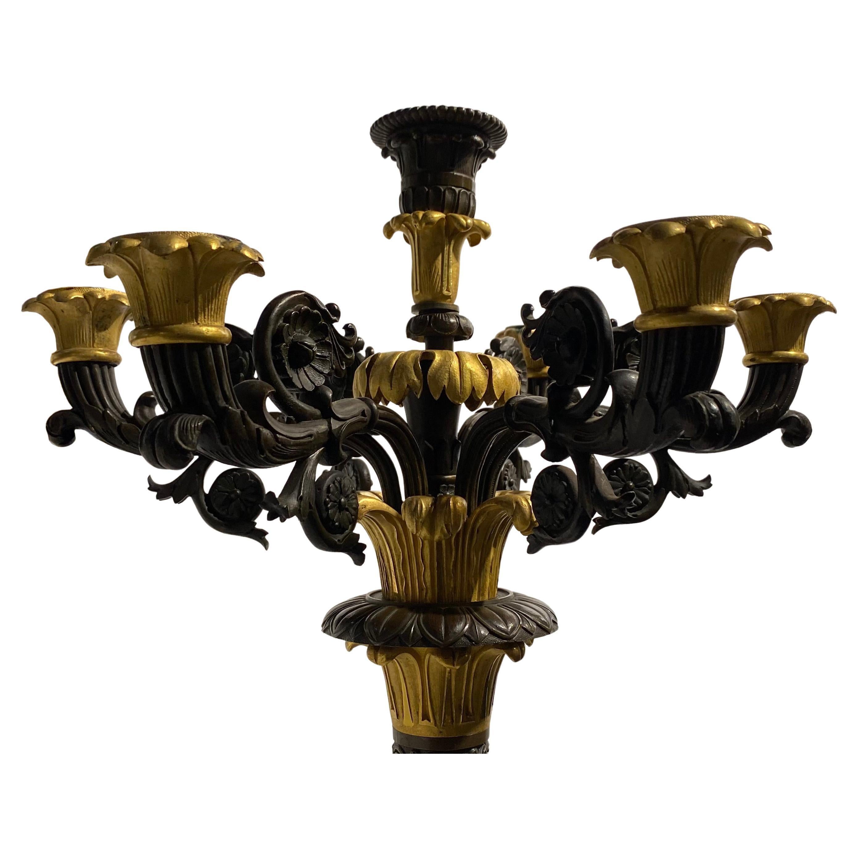 French Pair of Large Charles X Ormolu and Patinated-Bronze Candelabras For Sale