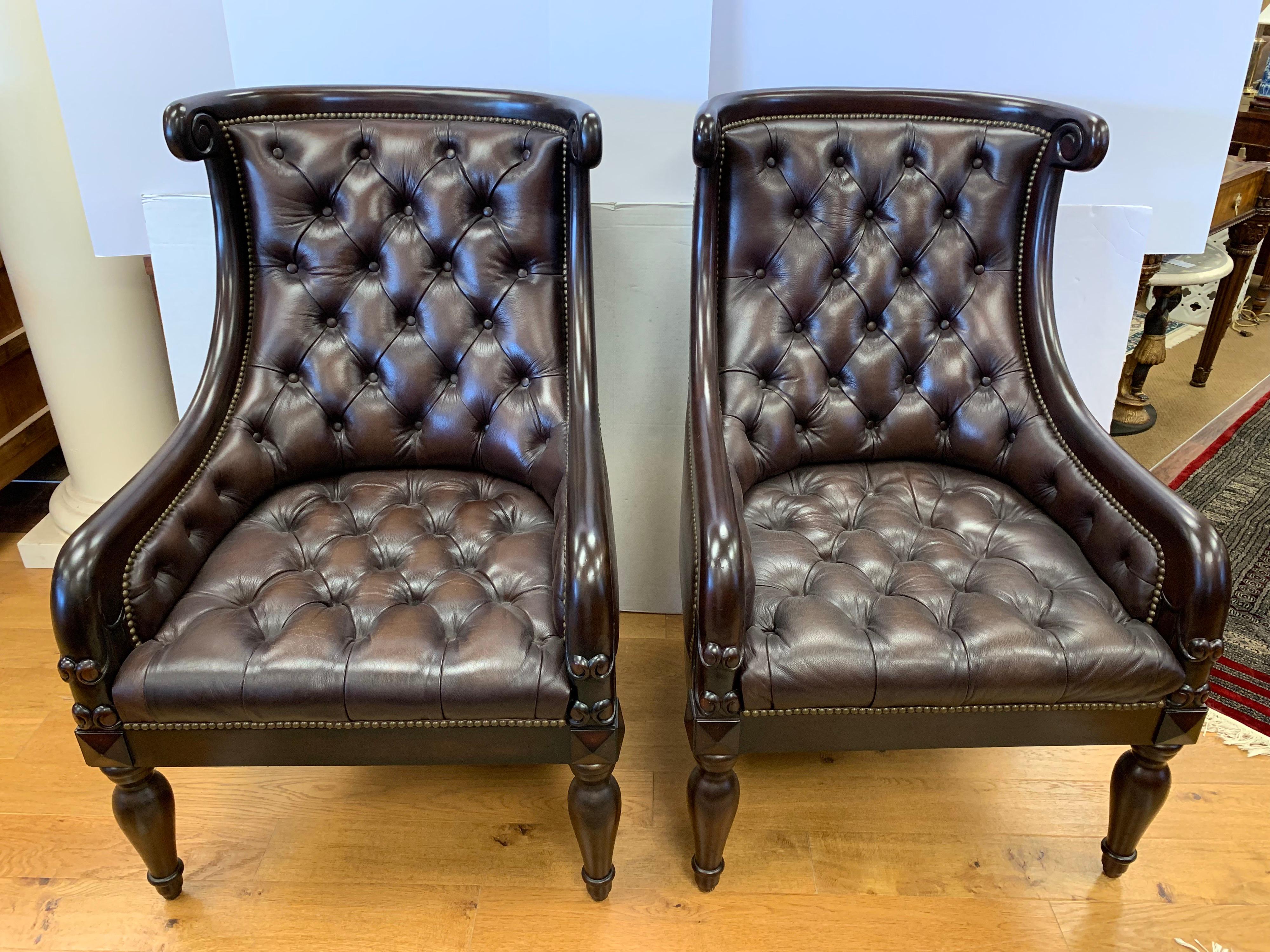 American Pair of Large Chesterfield Dark Brown Tufted Leather Armchairs Wingbacks