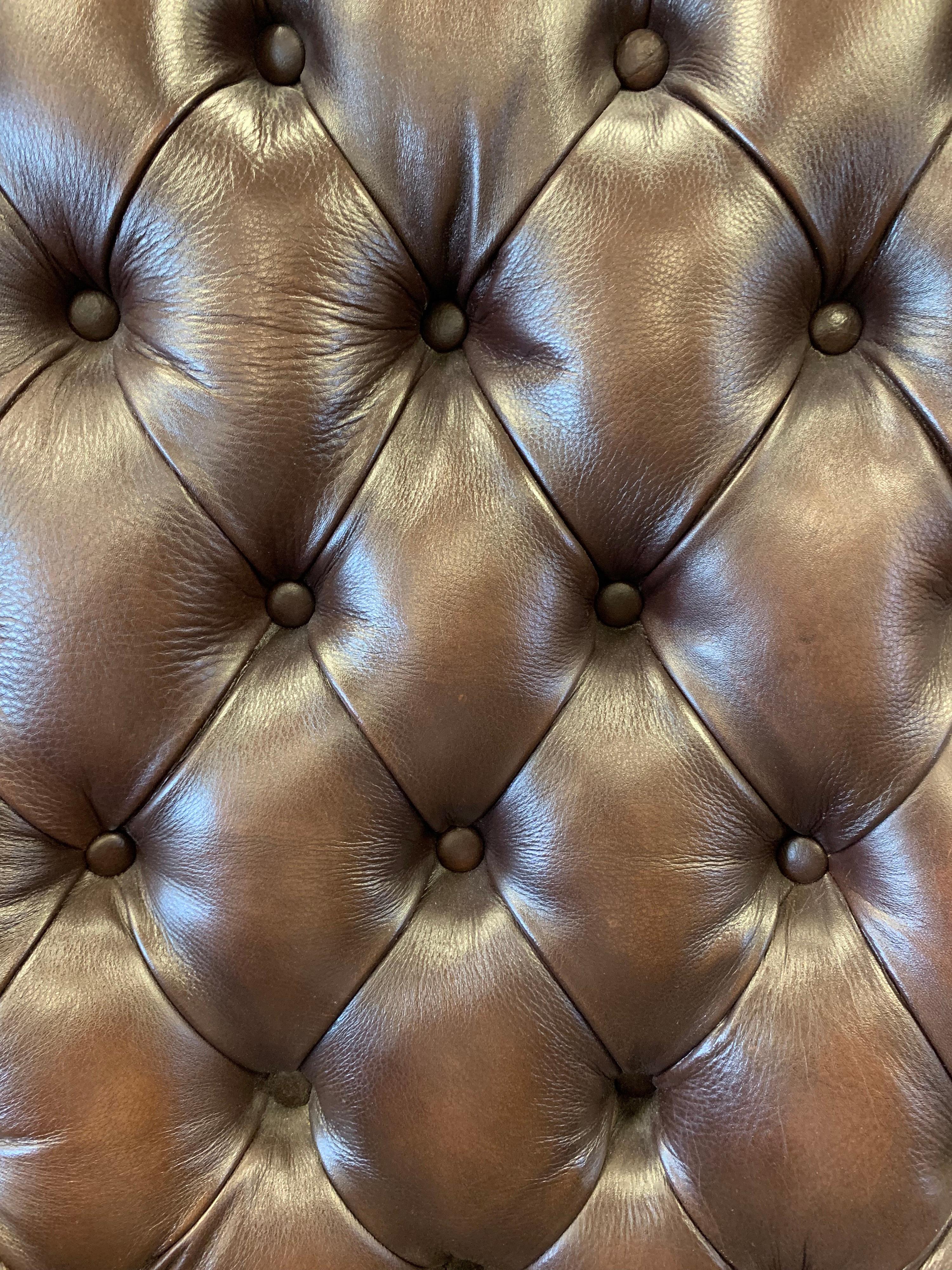 Pair of Large Chesterfield Dark Brown Tufted Leather Armchairs Wingbacks In Good Condition In West Hartford, CT