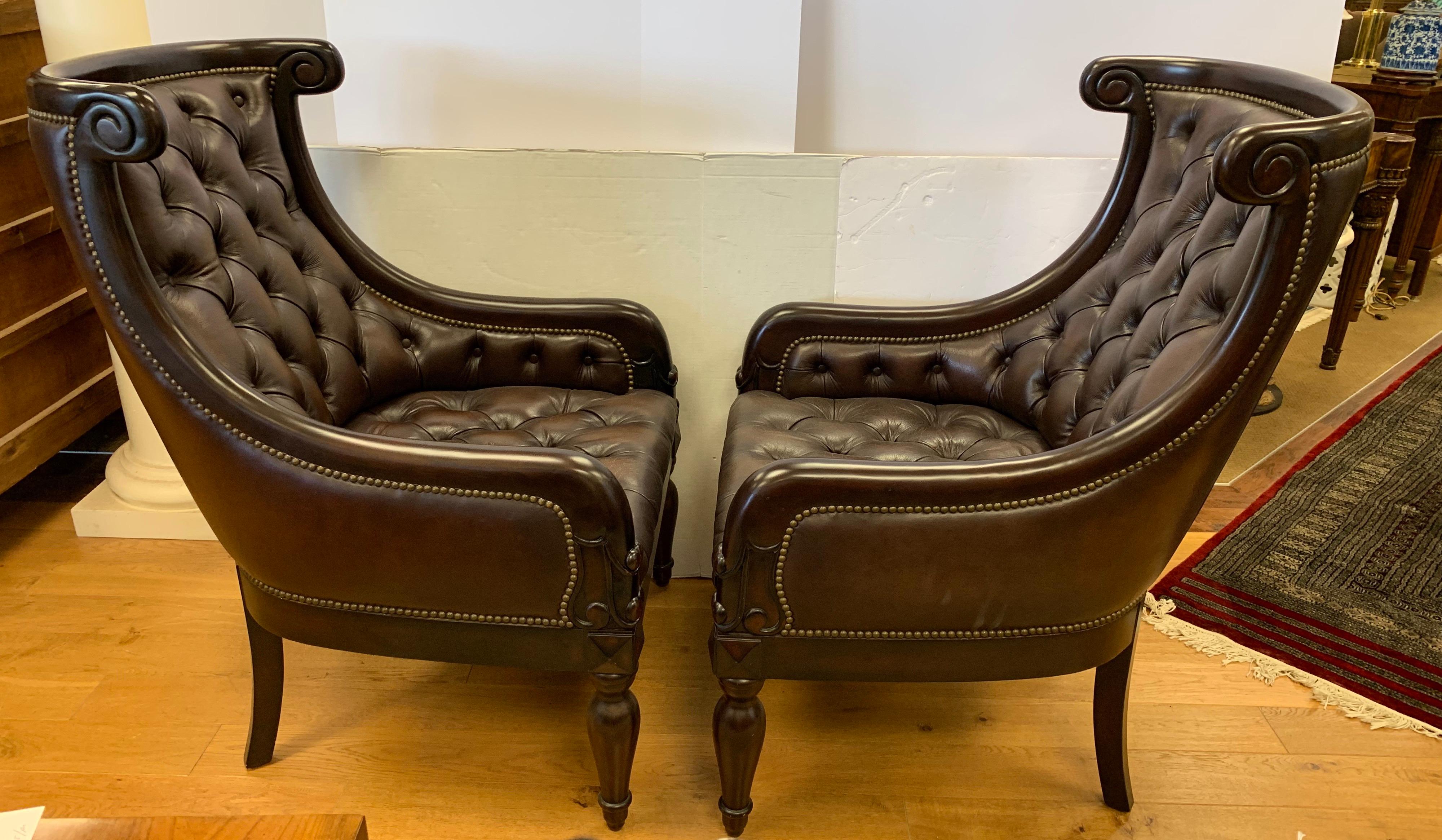 Pair of Large Chesterfield Dark Brown Tufted Leather Armchairs Wingbacks 2