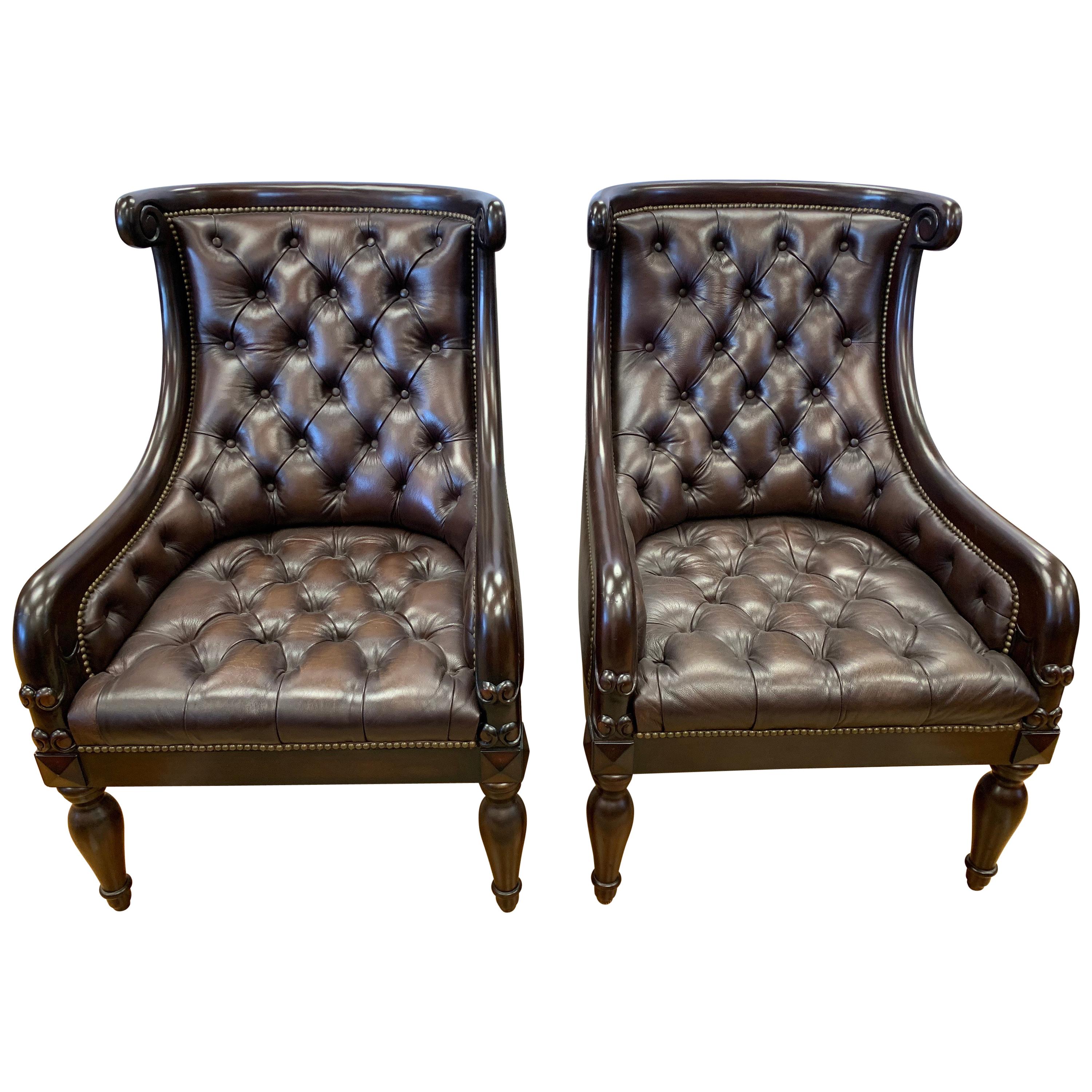 Pair of Large Chesterfield Dark Brown Tufted Leather Armchairs Wingbacks