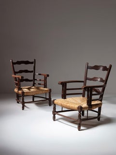Pair of Large Chestnut and Straw Armchairs, Italy, 1940srs