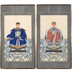 Pair of Large Chinese Ancestor Portraits in Gilt Frames