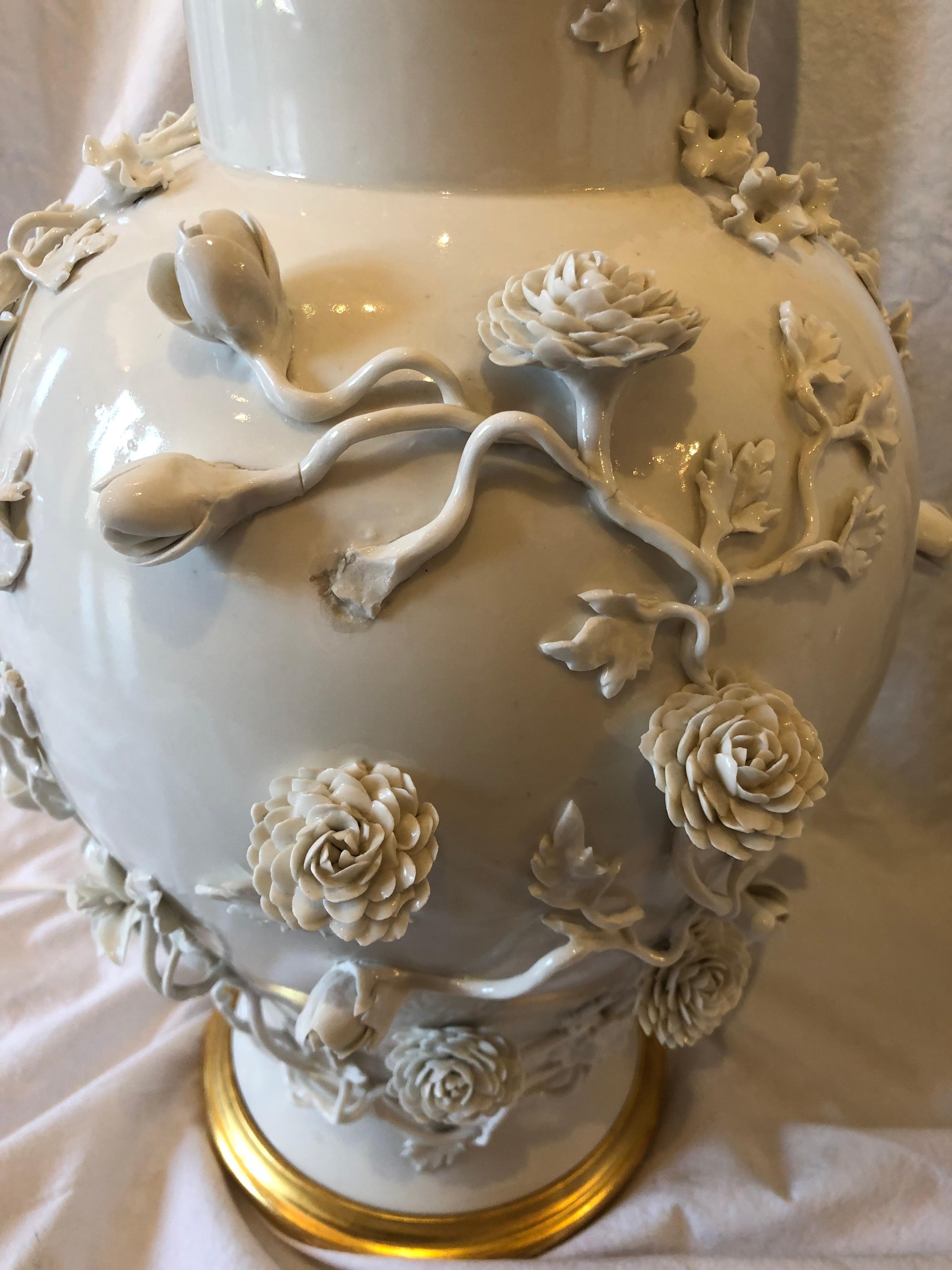 Pair of Large Chinese Blanc De Chine Porcelain Vase Lamps, Applied Flowers 6