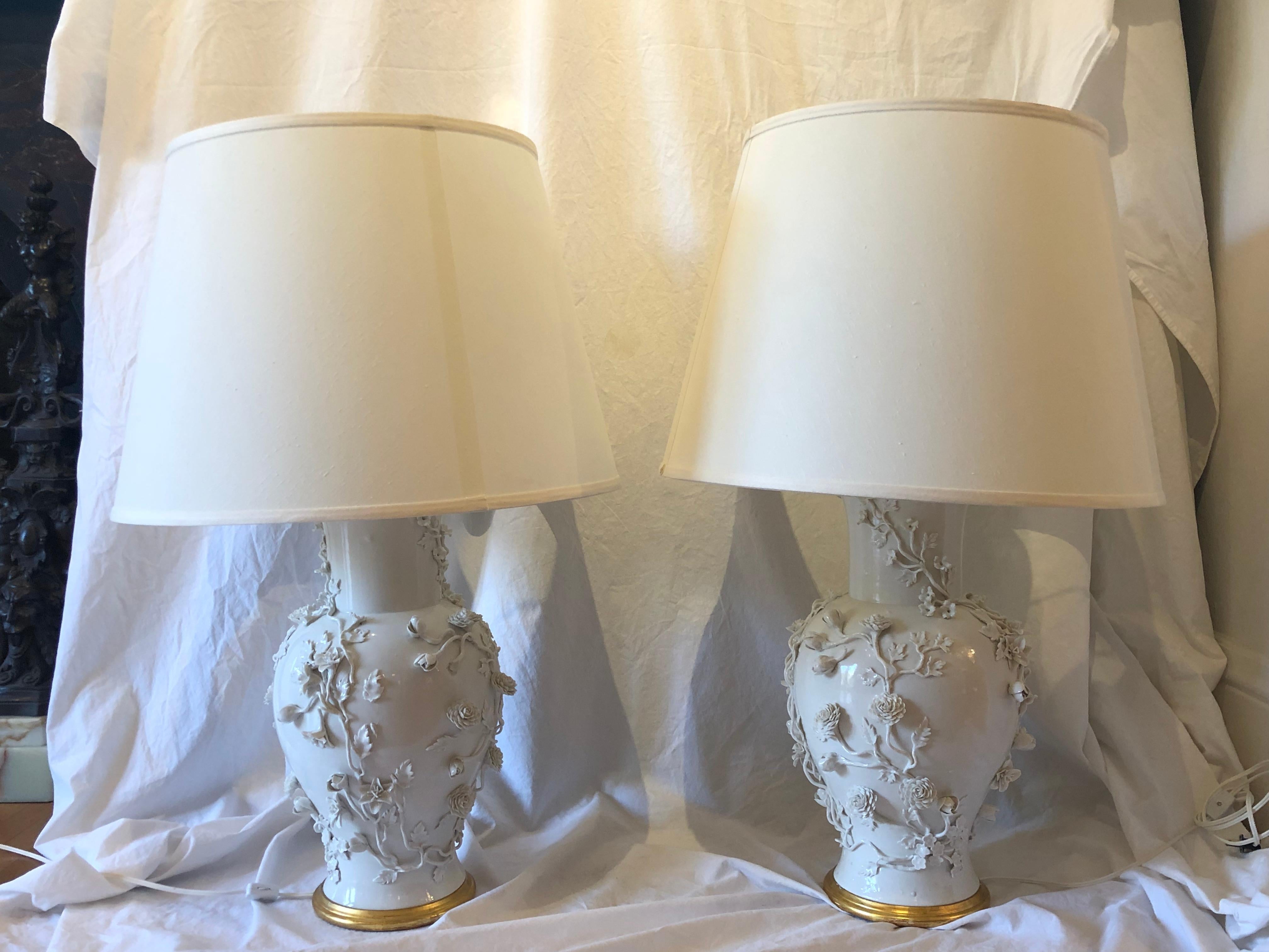 Pair of Large Chinese Blanc De Chine Porcelain Vase Lamps, Applied Flowers In Good Condition In Seattle, WA