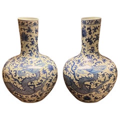 Pair of Large Chinese Blue and White Dragon Vases