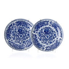 Pair of Large Chinese Blue and White Porcelain Dragon Dishes