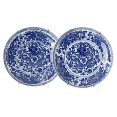 Pair of Large Chinese Blue and White Porcelain Dragon Dishes