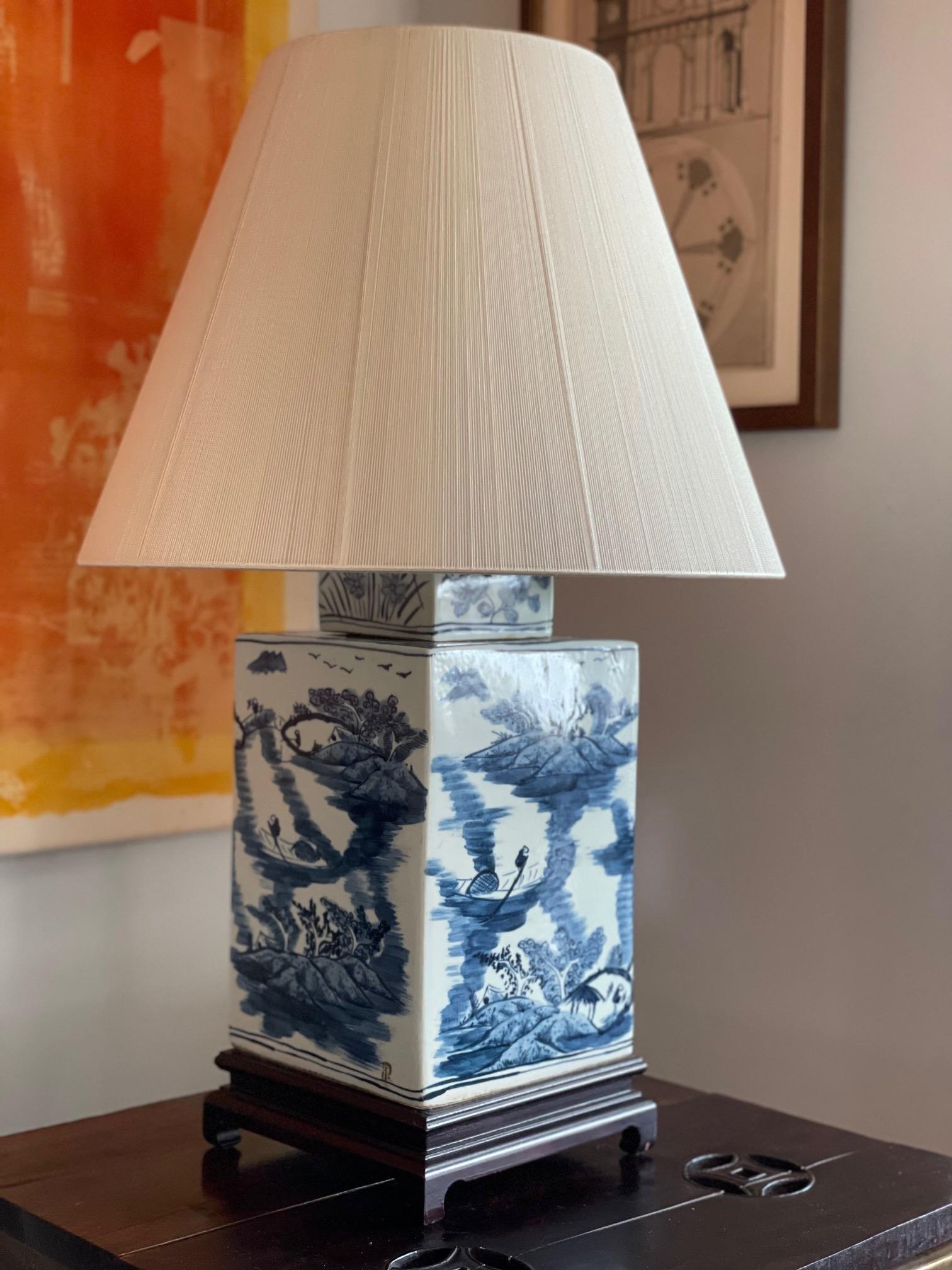 Chinoiserie Pair of Large Chinese Blue and White Rectangular Table Lamps