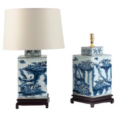 Pair of Large Chinese Blue and White Rectangular Table Lamps