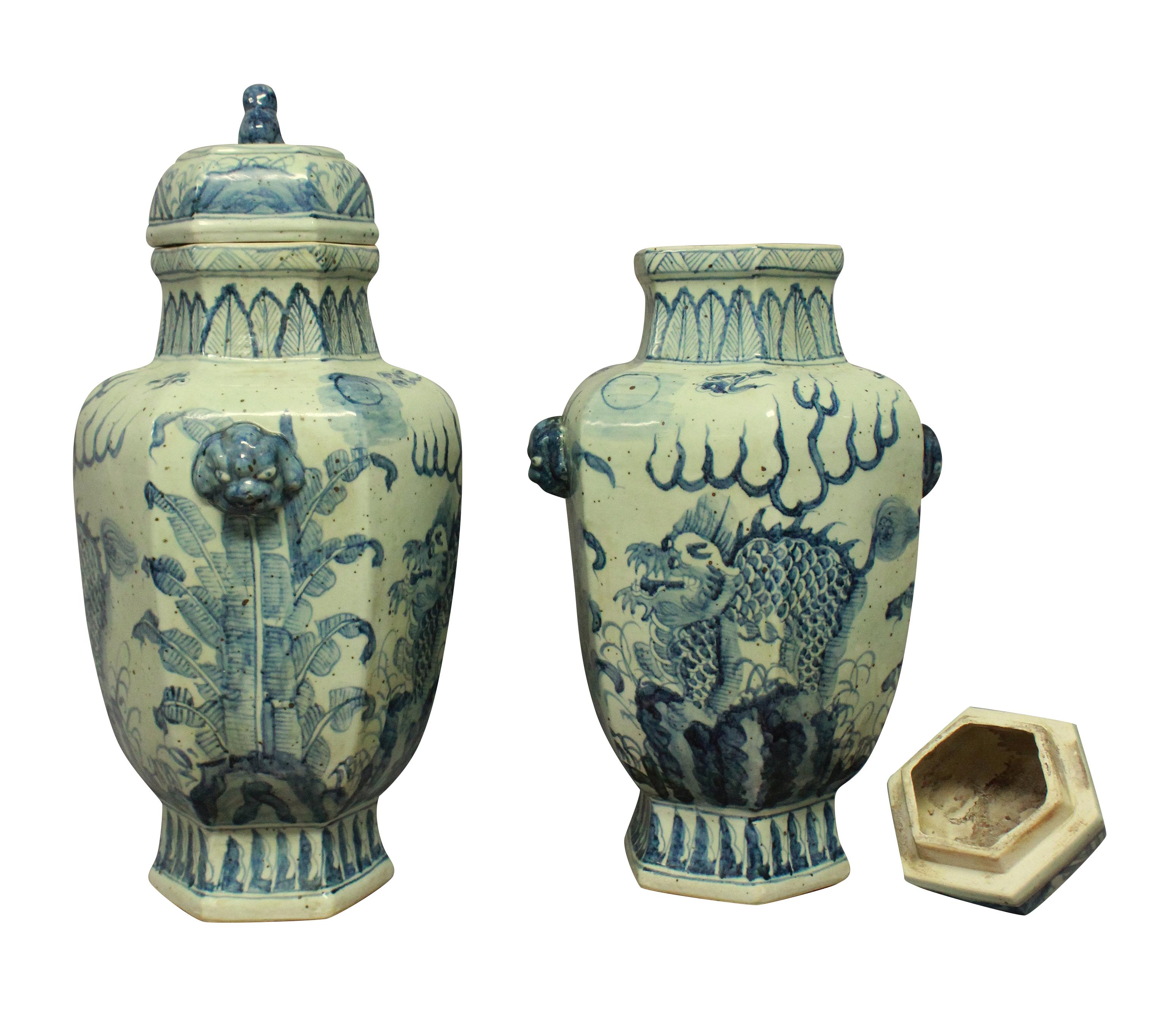 Mid-20th Century Pair of Large Chinese Blue and White Vases with Covers For Sale