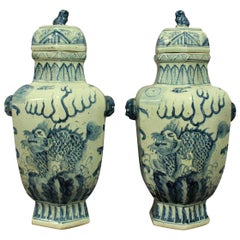Pair of Large Chinese Blue and White Vases with Covers
