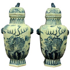 Pair of Large Chinese Blue and White Vases with Covers