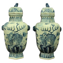 Pair of Large Chinese Blue and White Vases with Covers