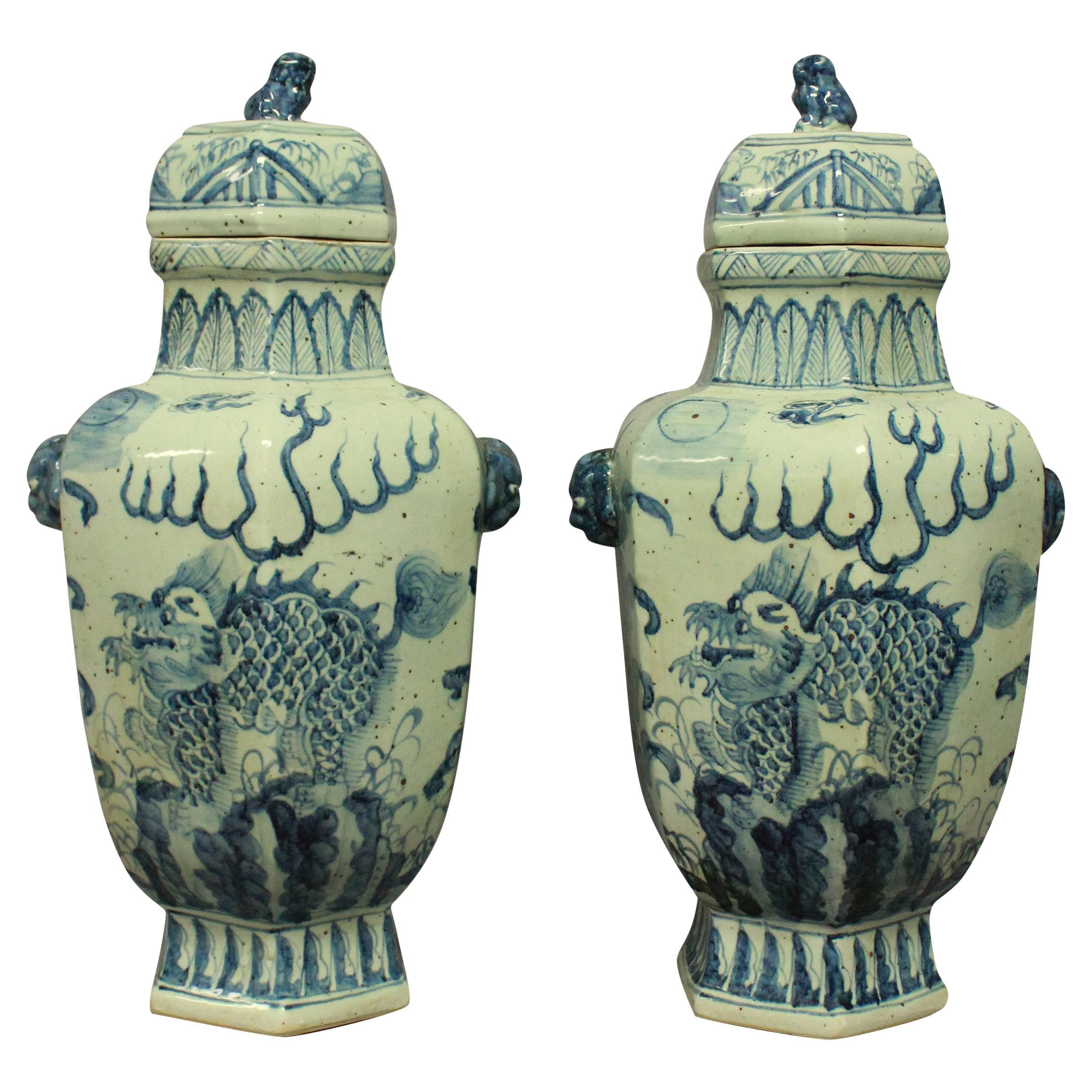 Pair of Large Chinese Blue and White Vases with Covers