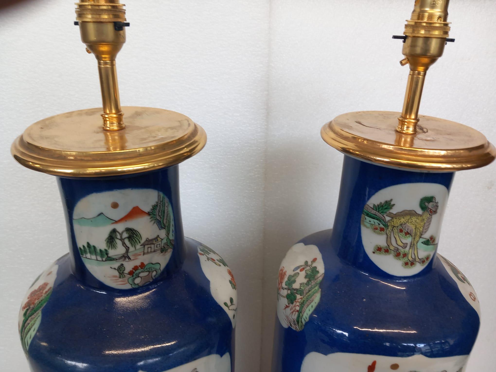 Chinese Export Pair of large Chinese blue vases , converted into lamps  For Sale