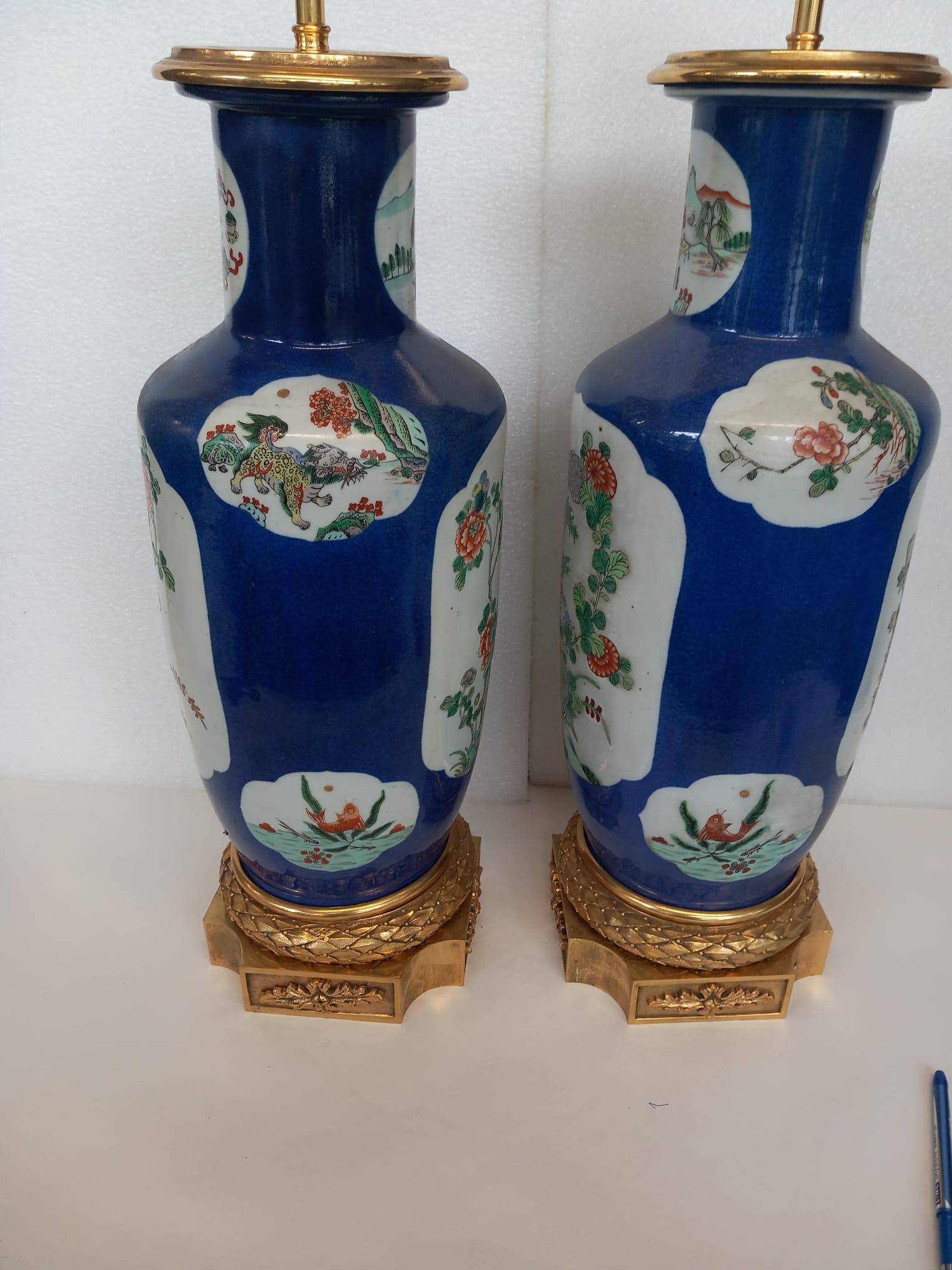 Bronze Pair of large Chinese blue vases , converted into lamps  For Sale