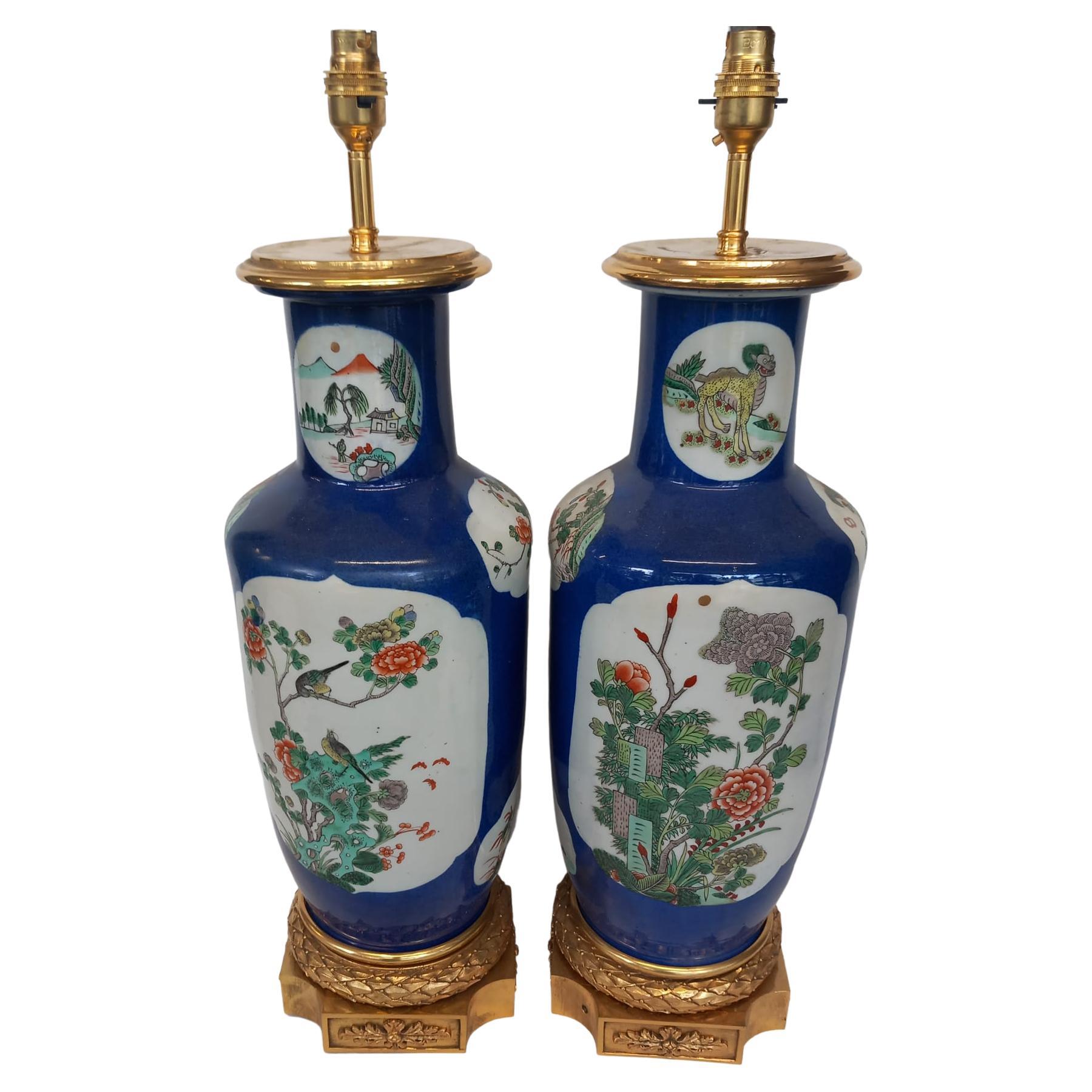 Pair of large Chinese blue vases , converted into lamps  For Sale