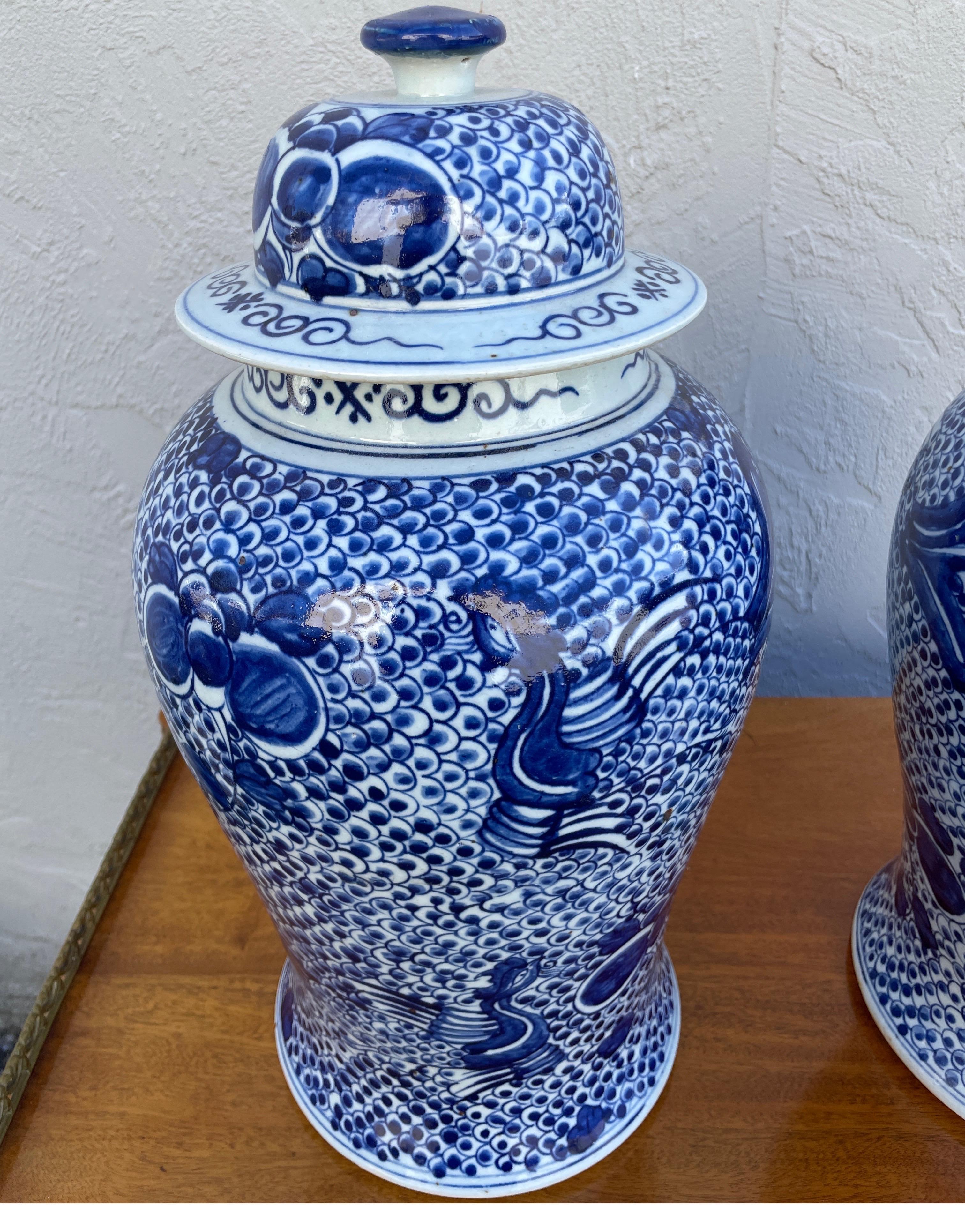 20th Century Pair of Large Chinese Blue & White Ginger Jars For Sale