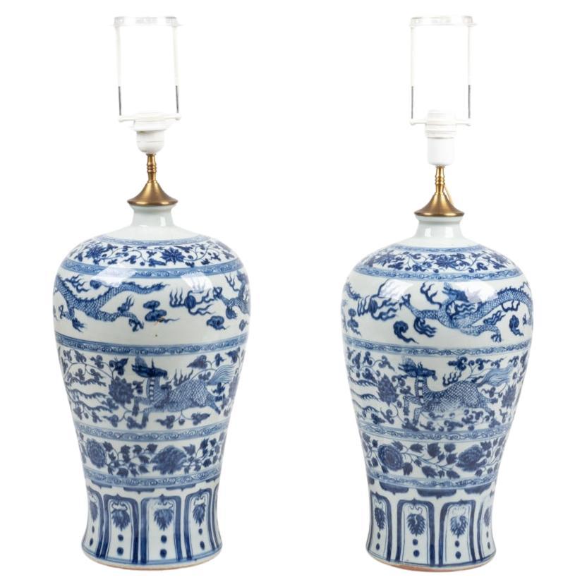 Pair of Blue and White Chinese Temple Jar Lamps at 1stDibs blue and white chinese lamps, blue