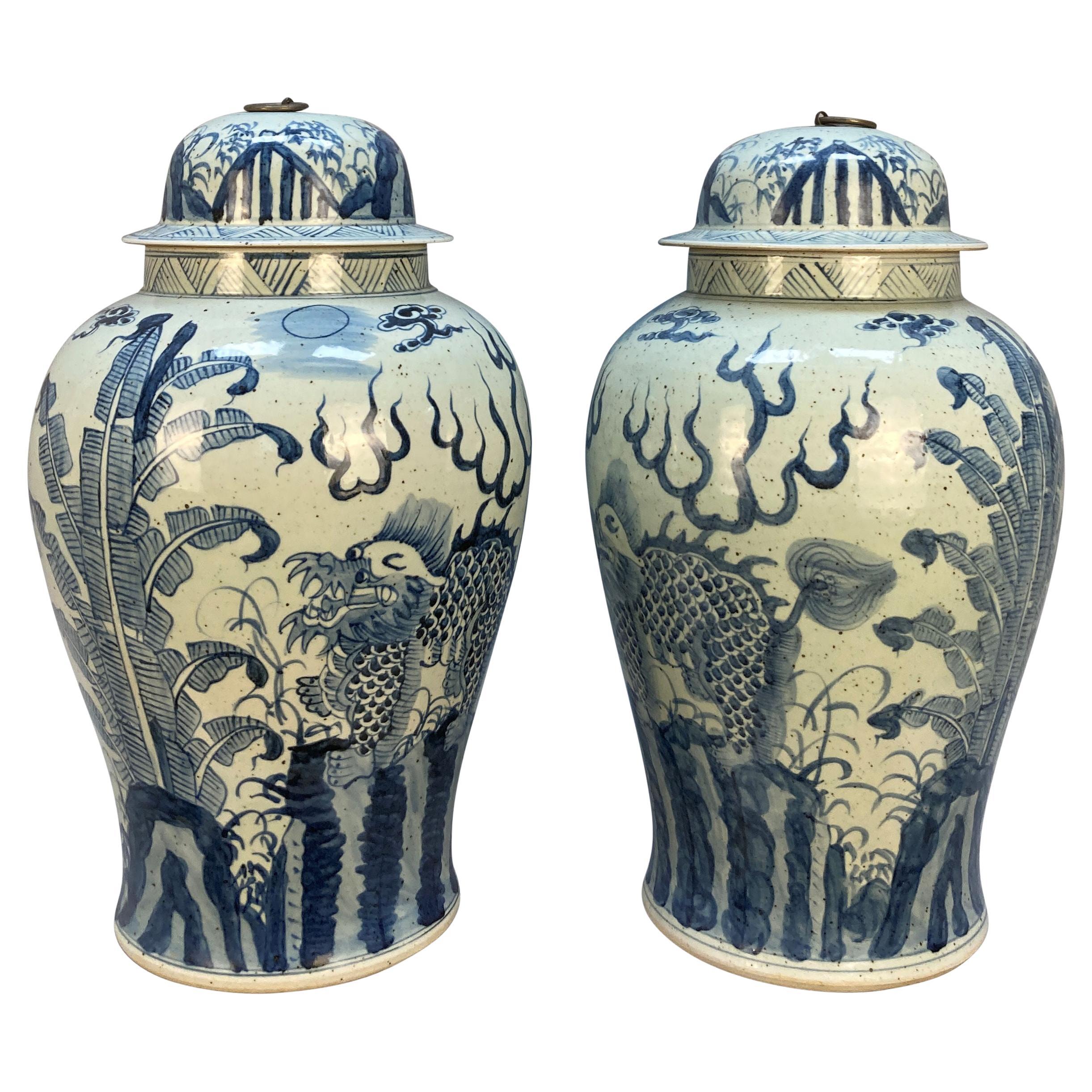 Pair Of Large Chinese Blue 
White Vases With Covers