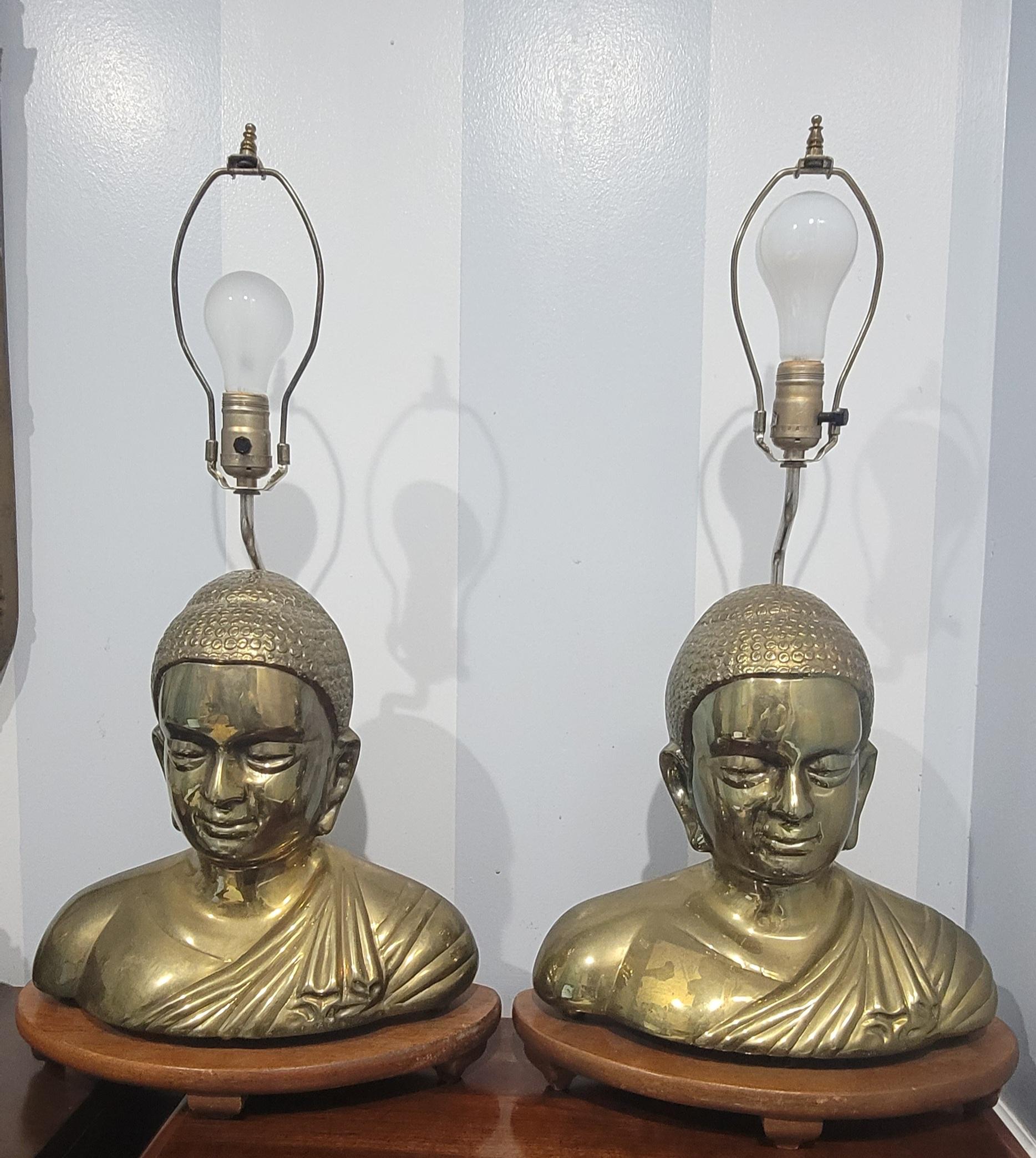 Pair of Large Chinese Bronze Buddha Bust Table Lamps In Good Condition For Sale In Germantown, MD