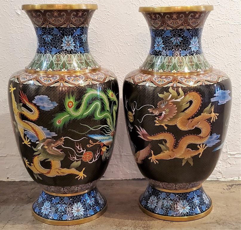 Pair of Large Chinese Bronze Cloisonné Dragon and Phoenix Vases 3