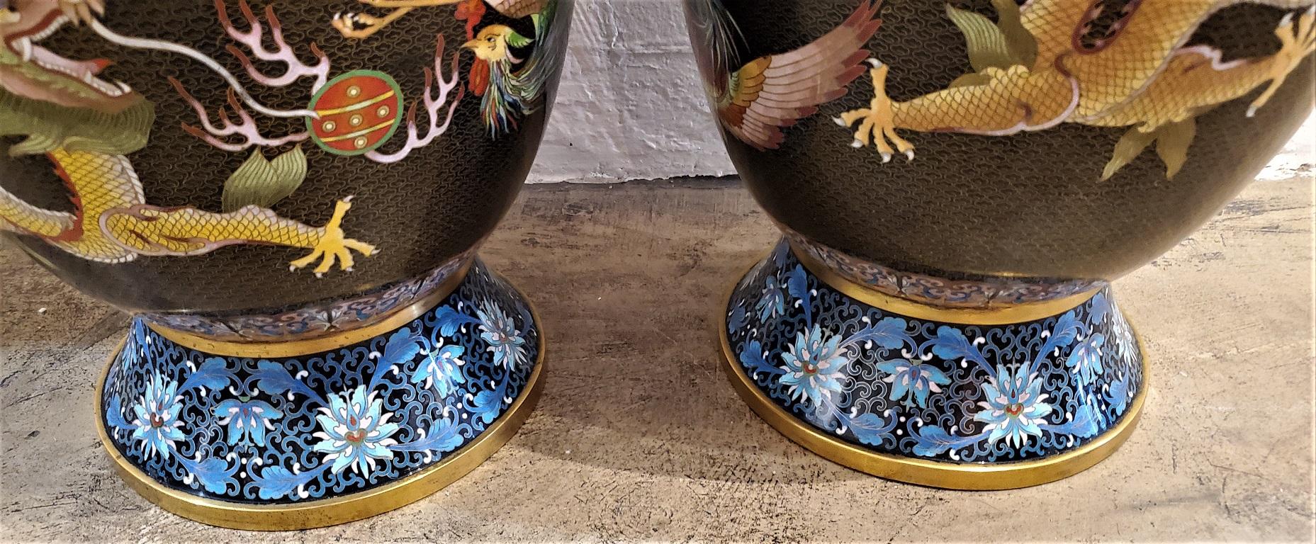 Pair of Large Chinese Bronze Cloisonné Dragon and Phoenix Vases 5