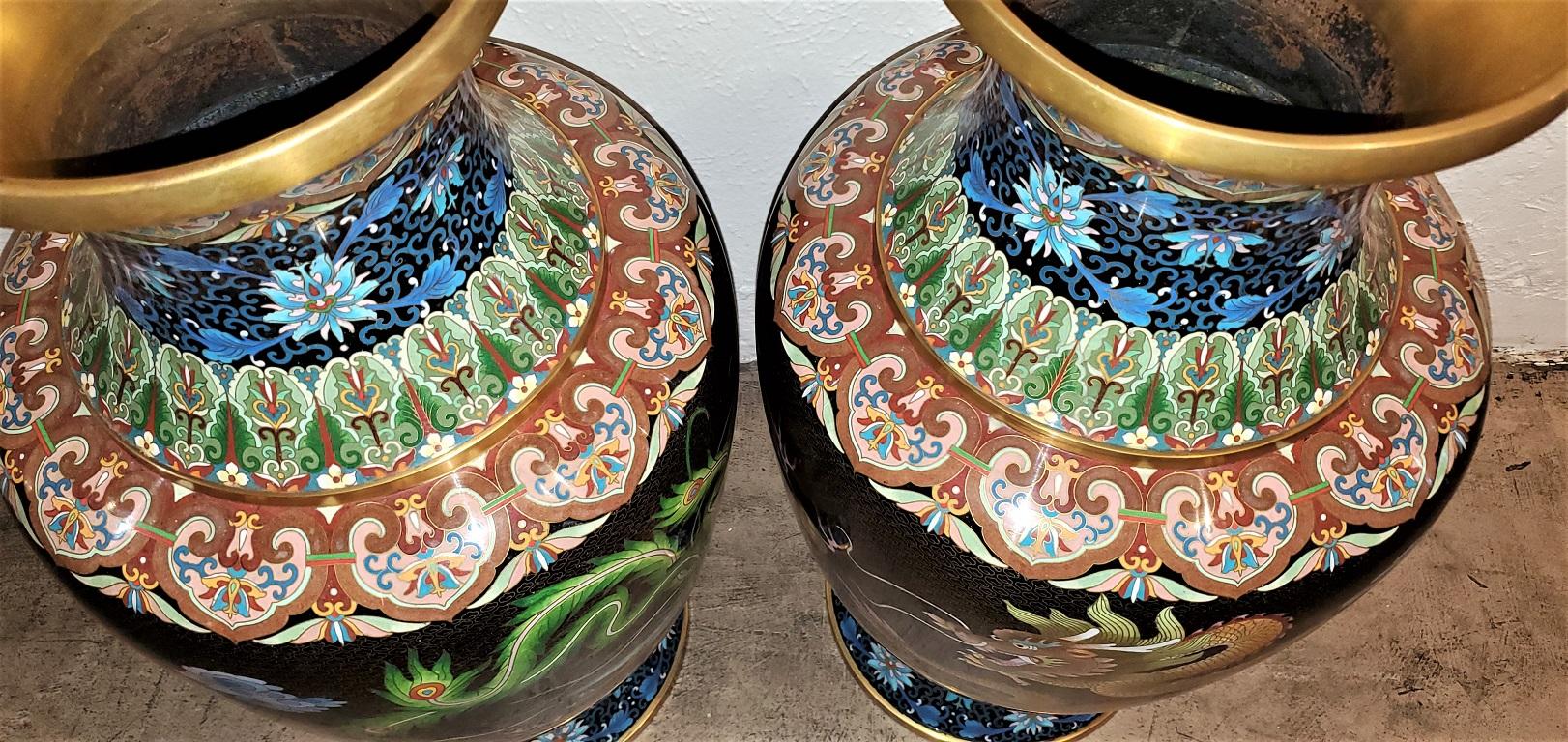 Pair of Large Chinese Bronze Cloisonné Dragon and Phoenix Vases 8