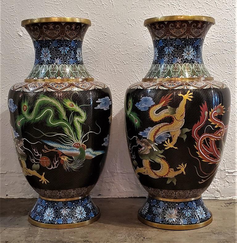Chinese Export Pair of Large Chinese Bronze Cloisonné Dragon and Phoenix Vases