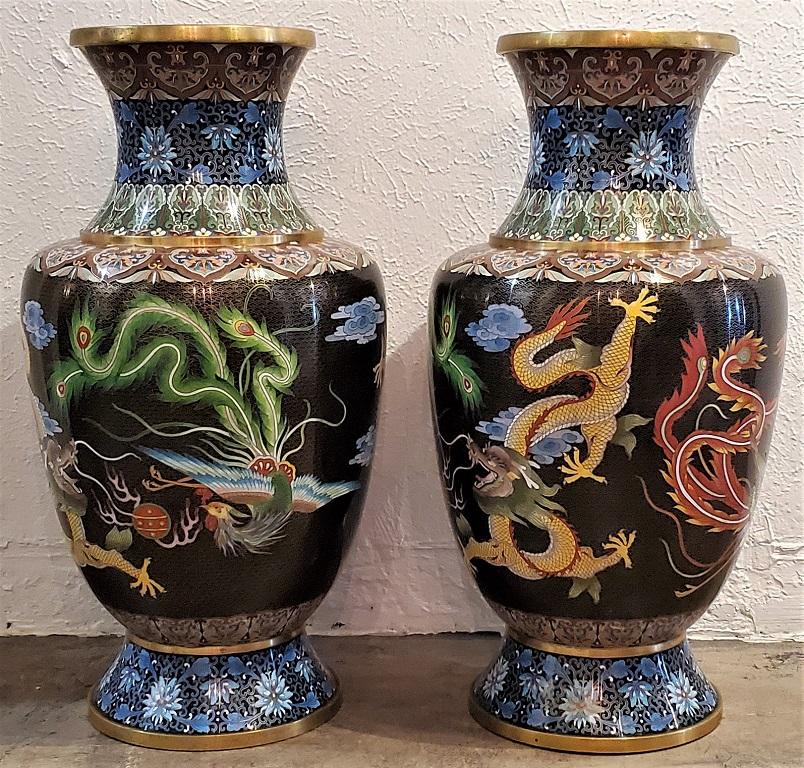 Cast Pair of Large Chinese Bronze Cloisonné Dragon and Phoenix Vases
