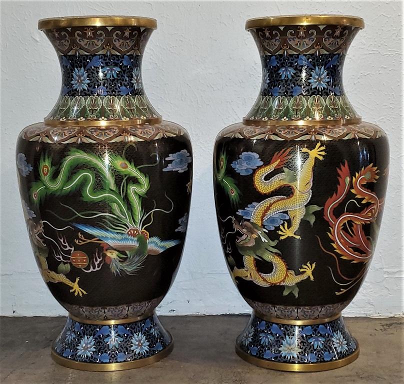Pair of Large Chinese Bronze Cloisonné Dragon and Phoenix Vases In Excellent Condition In Dallas, TX