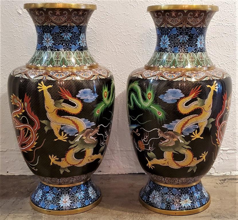 20th Century Pair of Large Chinese Bronze Cloisonné Dragon and Phoenix Vases