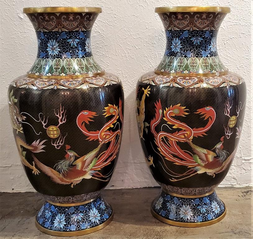 Enamel Pair of Large Chinese Bronze Cloisonné Dragon and Phoenix Vases