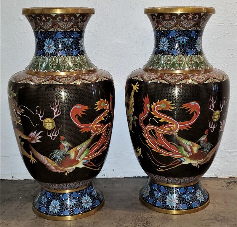 Pair of Large Chinese Bronze Cloisonné Dragon and Phoenix Vases 1