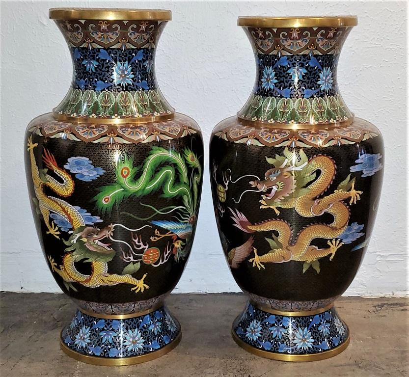 Pair of Large Chinese Bronze Cloisonné Dragon and Phoenix Vases 2