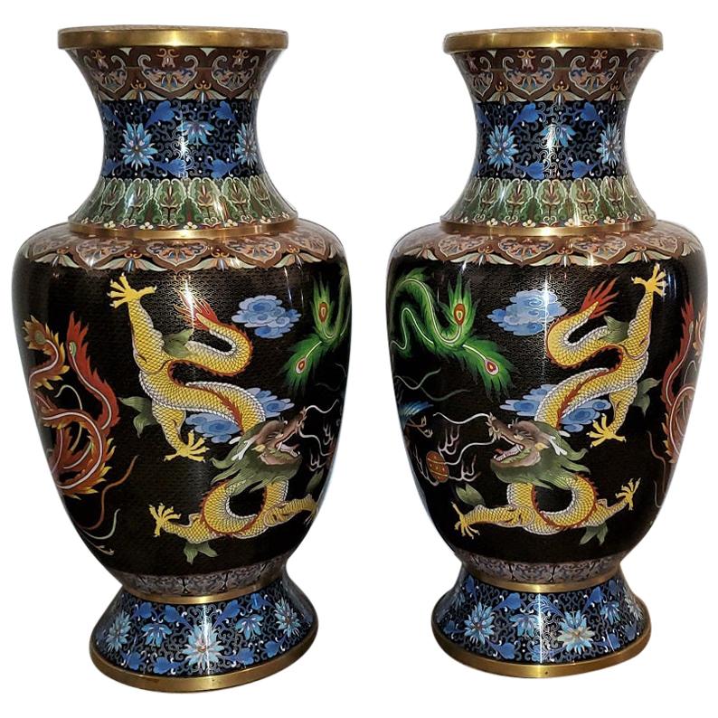 Pair of Large Chinese Bronze Cloisonné Dragon and Phoenix Vases