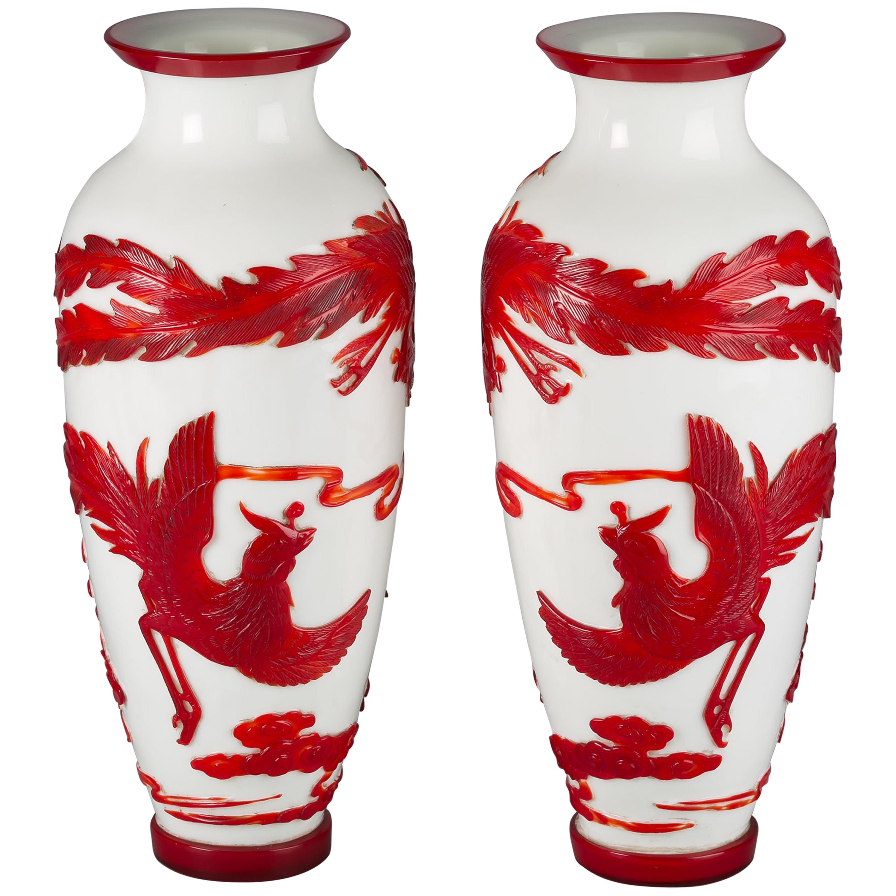 Pair of Large Chinese Cameo Glass Vases, circa 1900 For Sale