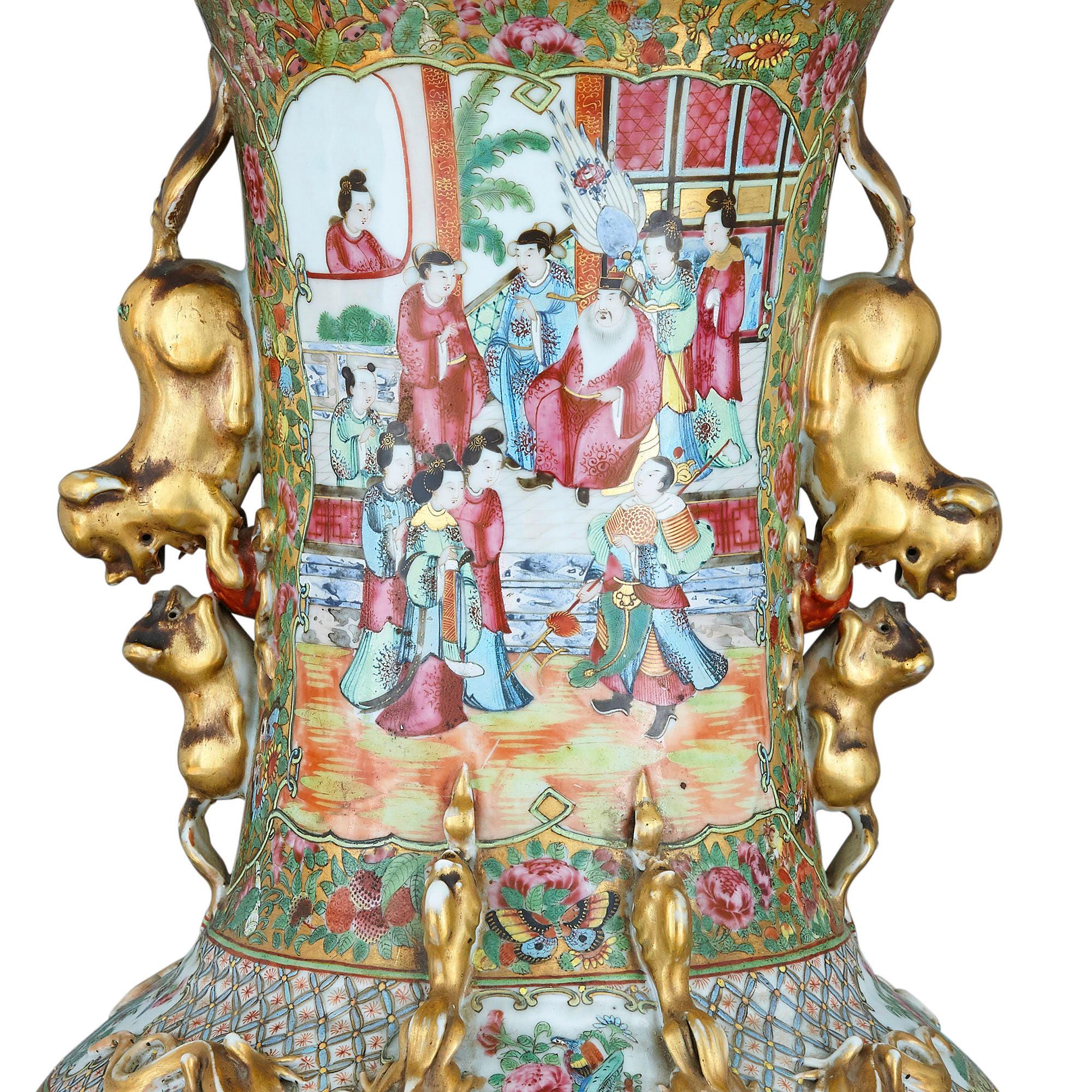 Pair of Large Chinese Canton Famille Verte Ormolu Mounted Porcelain Vases In Excellent Condition In London, GB