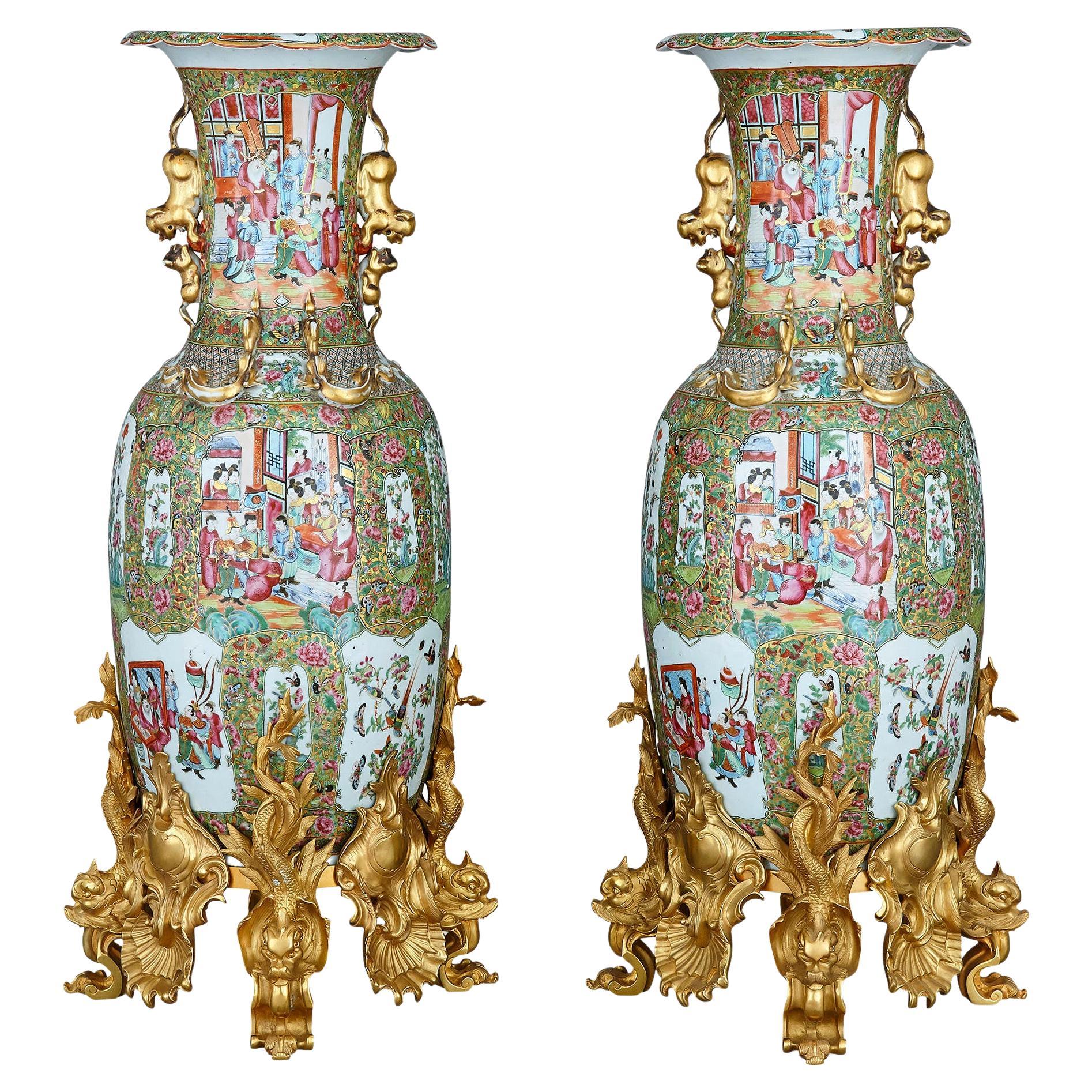 Pair of Large Chinese Canton Famille Verte Ormolu Mounted Porcelain Vases