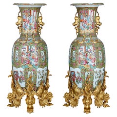 Pair of Large Chinese Canton Famille Verte Ormolu Mounted Porcelain Vases