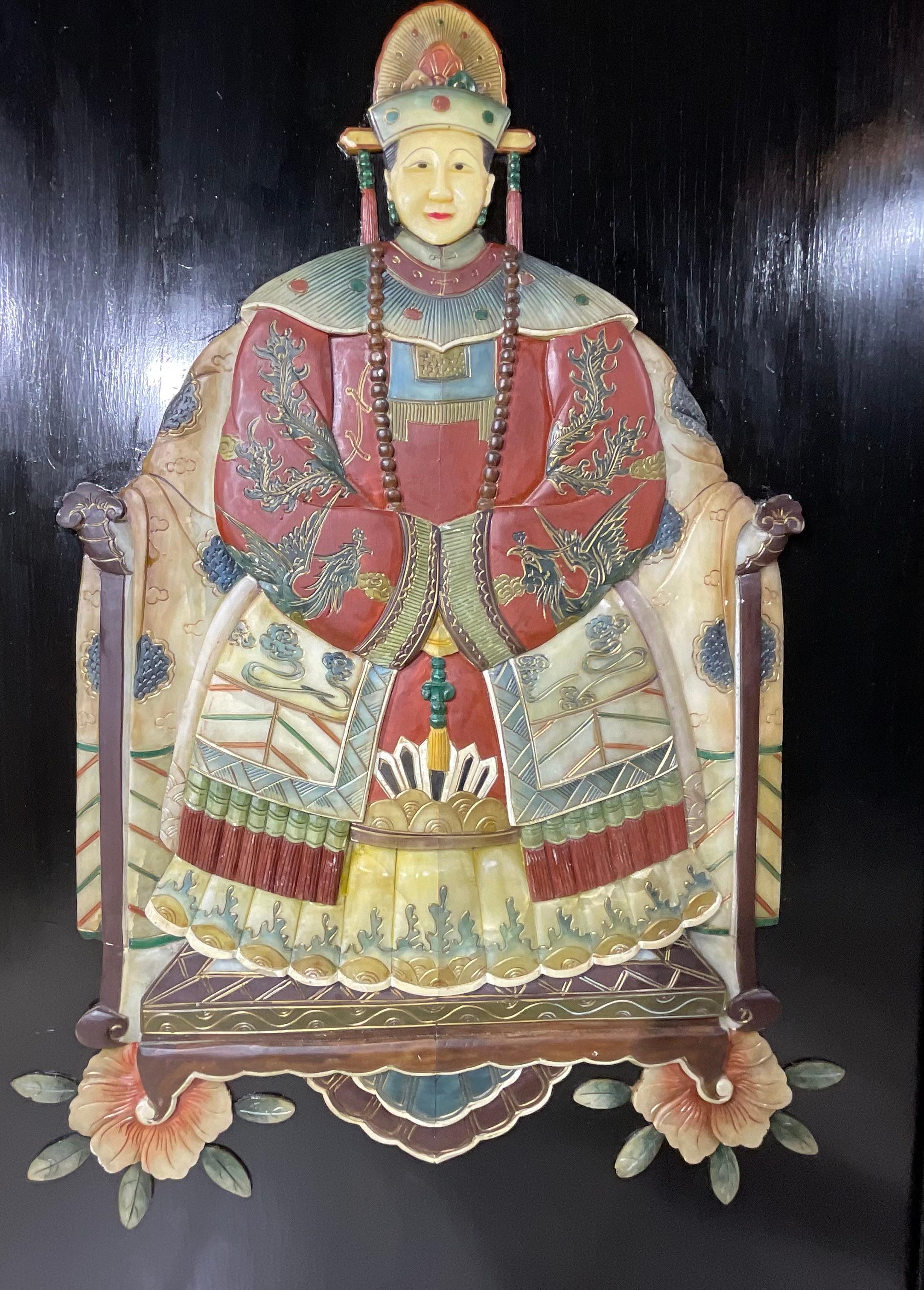 Paar große chinesische geschnitzte Hartsteinporträts von Kaiser und Kaiserin im Angebot 7
